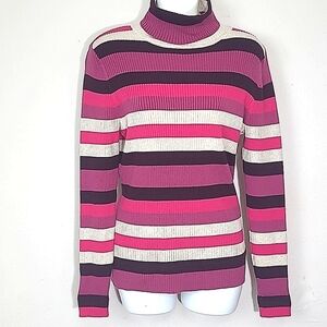 St Johns Bay Striped Turtleneck Sweater Pink Black Gray Cotton Blend Stretch Med